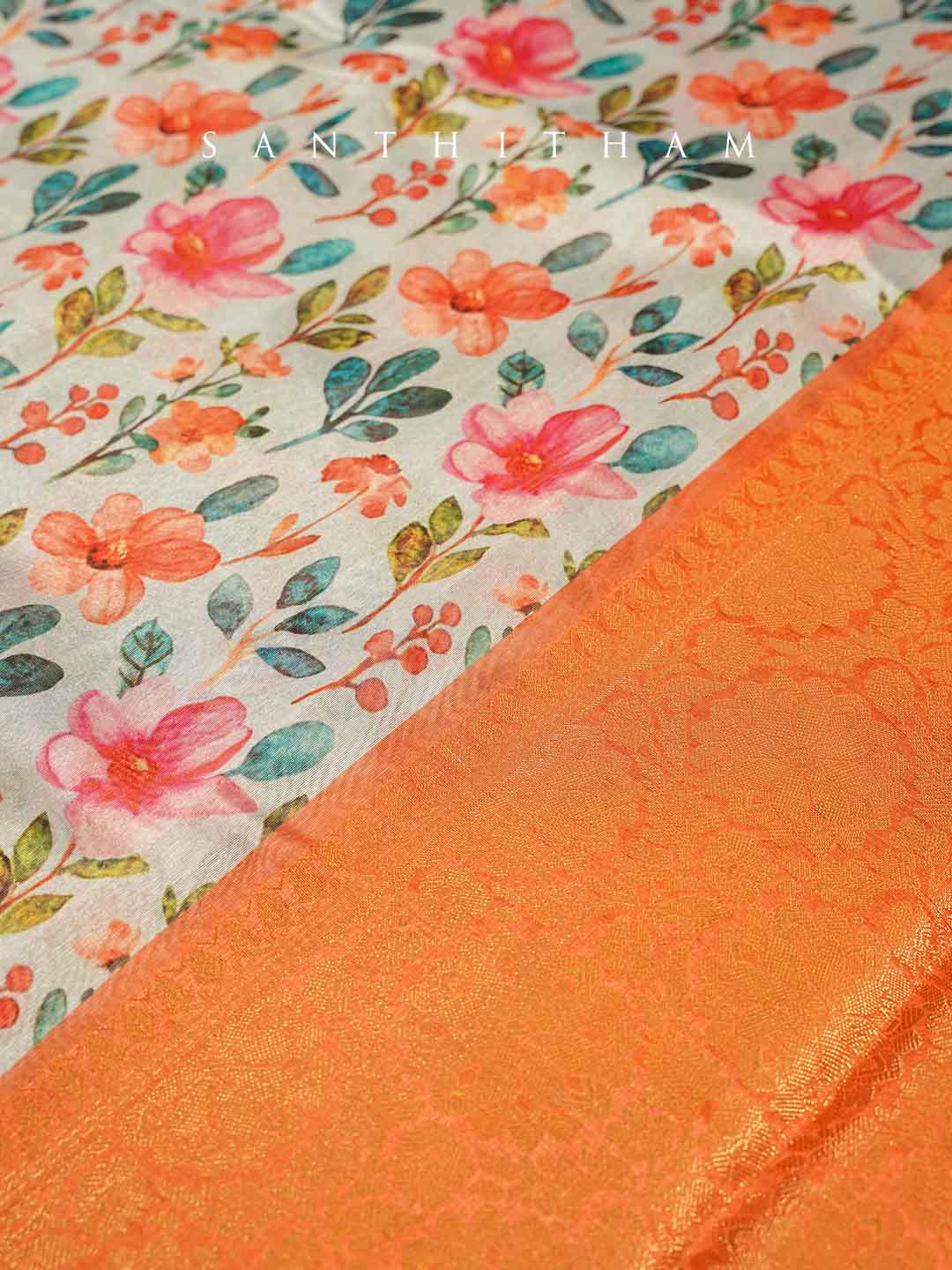 Powder Blue and Tangerine Orange Floral Print Cotton Saree