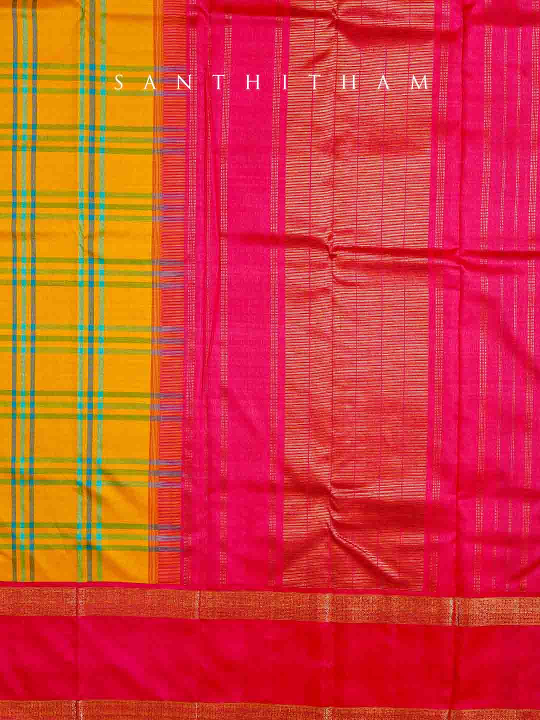 Raspberry and Multi-coloured checks Silk Saree