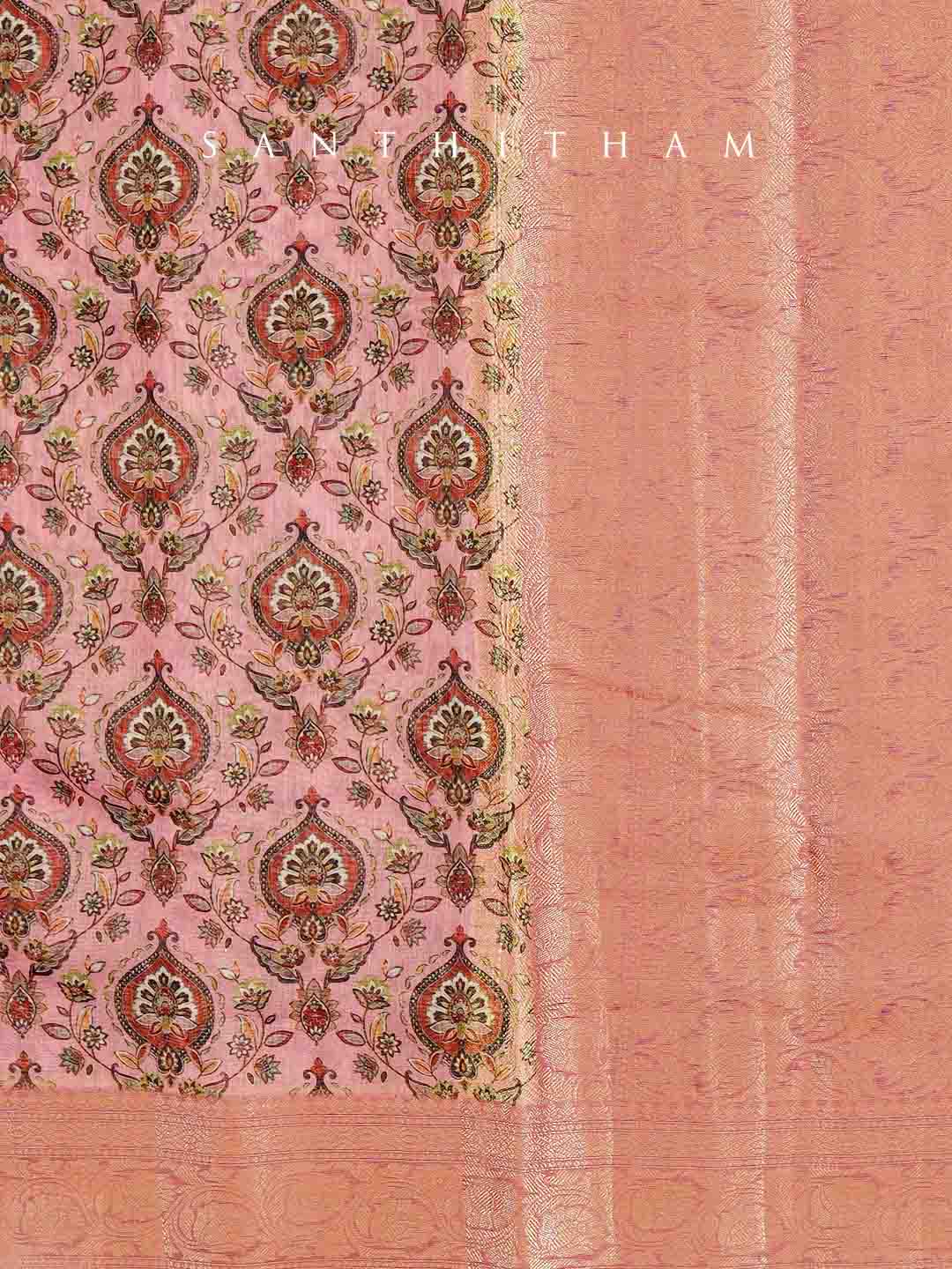 Rose Pink Floral Print Cotton Saree