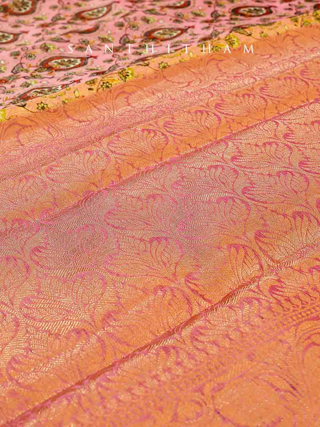 Rose Pink Floral Print Cotton Saree