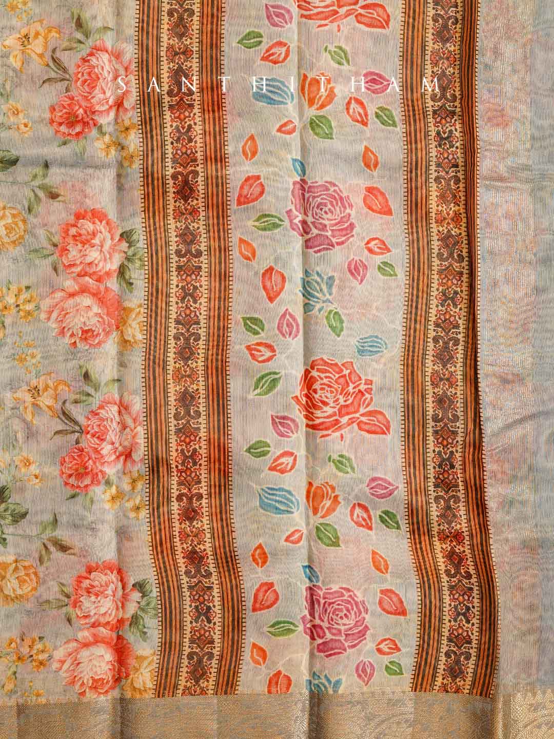 Lavender Gray Floral Print Cotton Saree