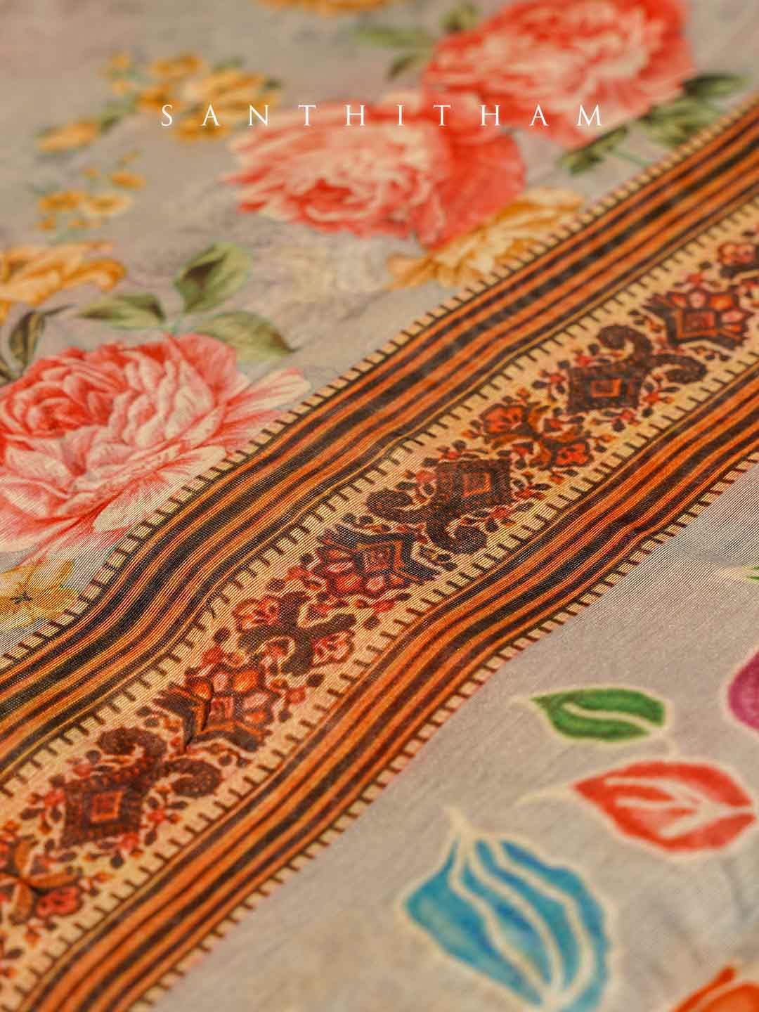 Lavender Gray Floral Print Cotton Saree