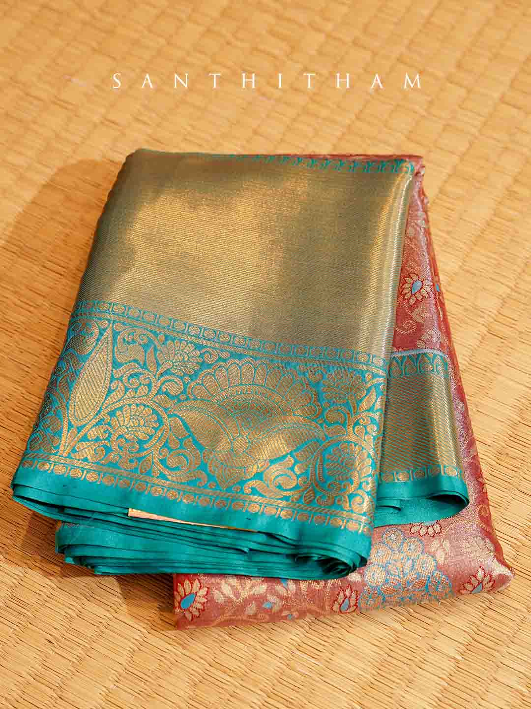 Turquoise Blue and Cocoa Brown Semi Silk Saree