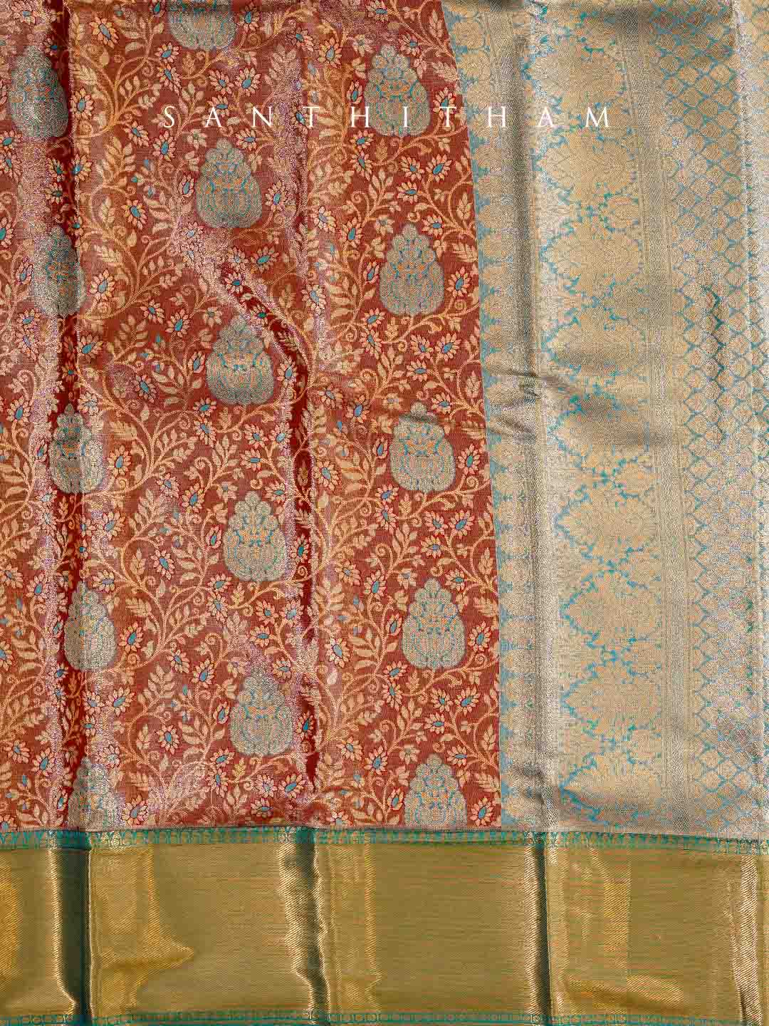 Turquoise Blue and Cocoa Brown Semi Silk Saree