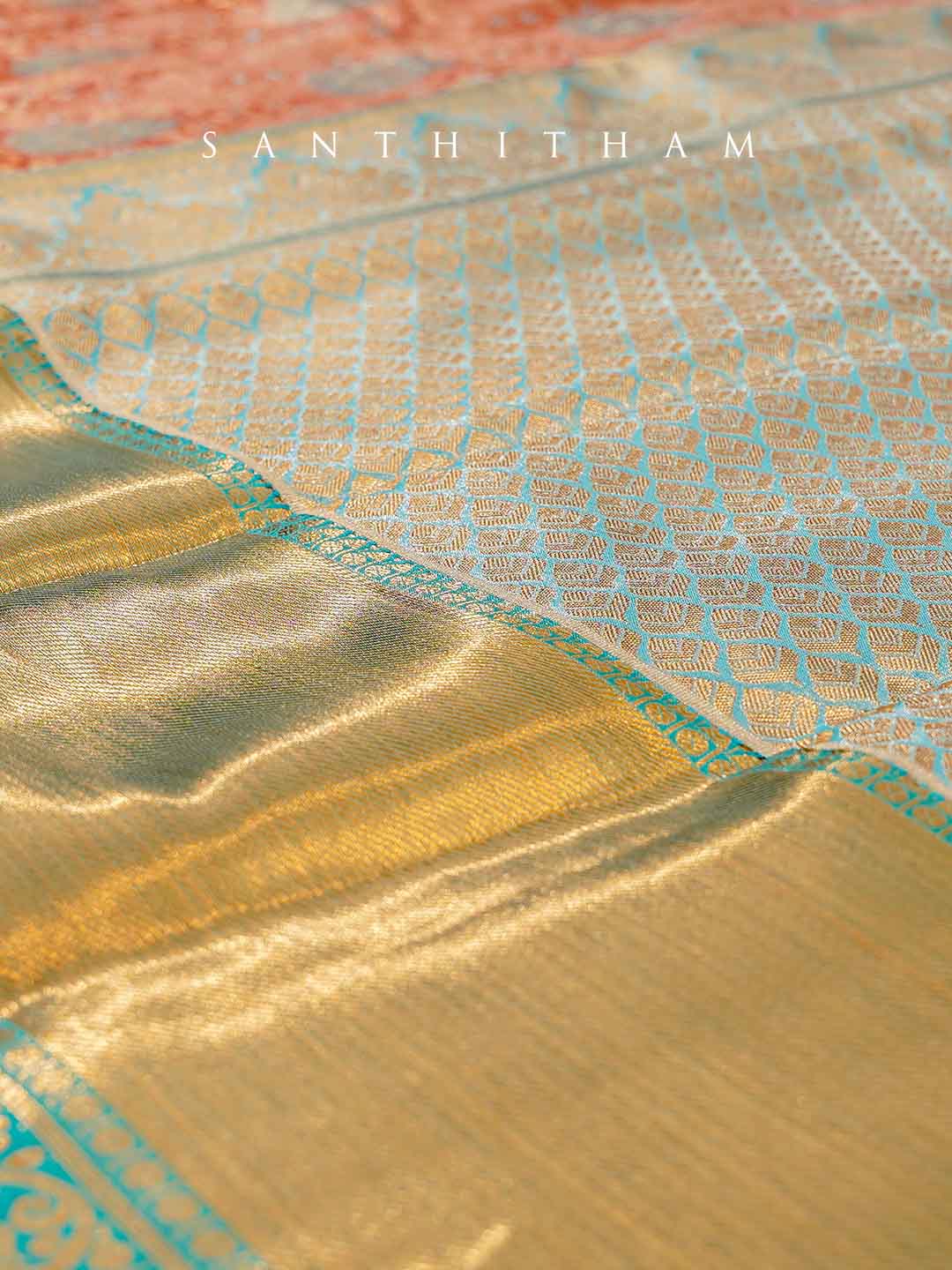 Turquoise Blue and Cocoa Brown Semi Silk Saree
