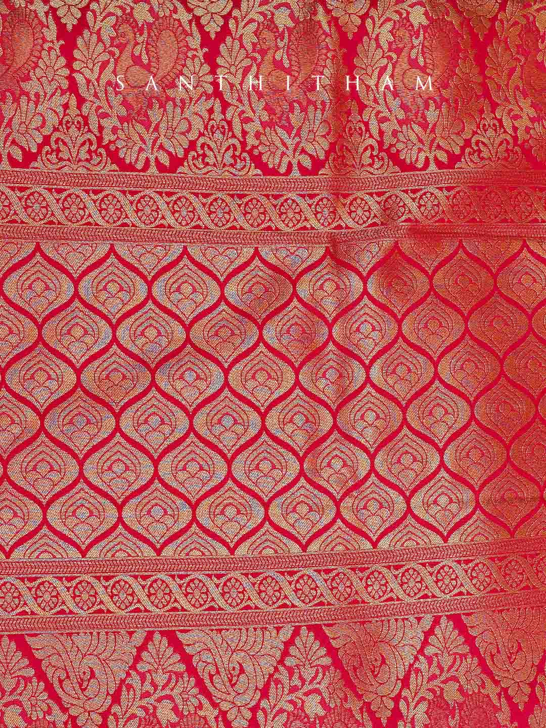 Powder Blue and Pinkish Red Semi Silk Saree