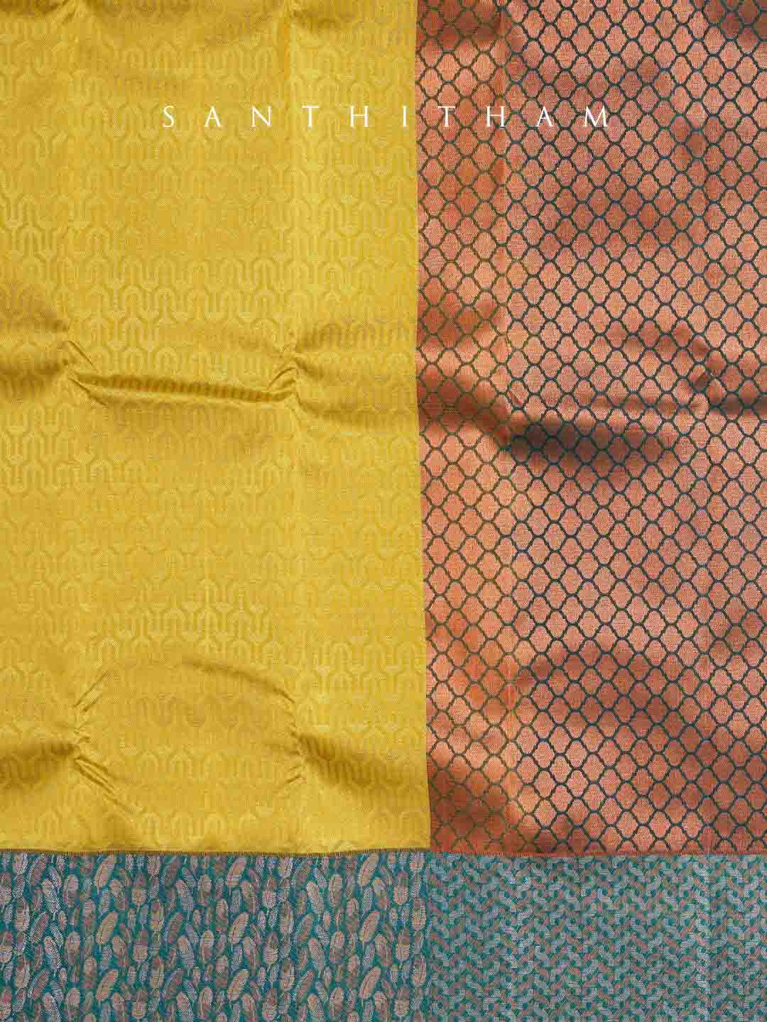 Honey Yellow and Teal Blue Semi Silk Saree