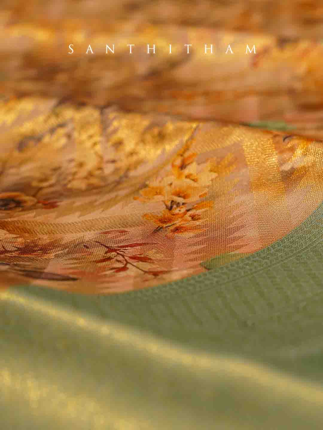 Peach and Turquoise Green Floral Print Semi Silk Saree