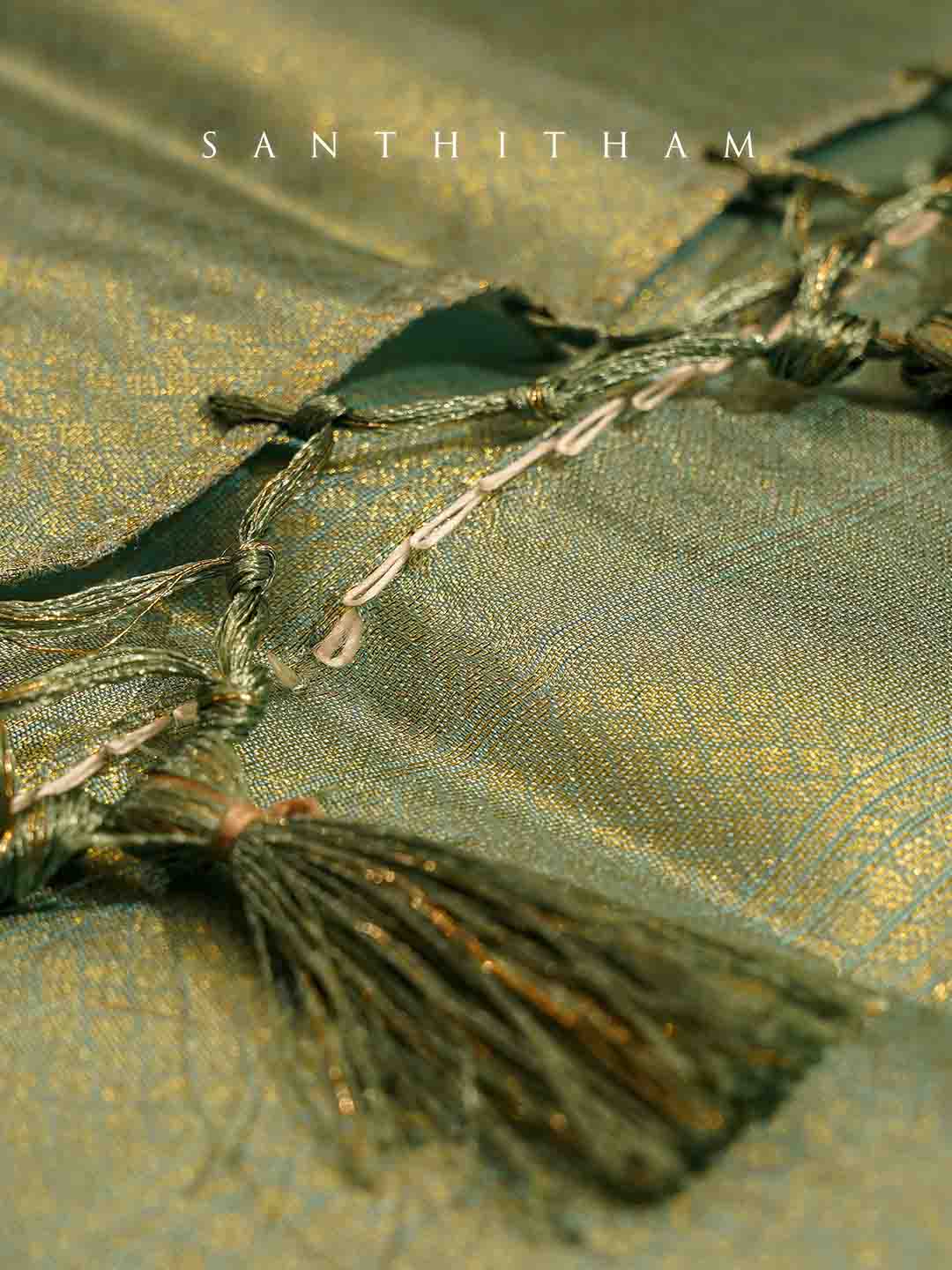 Peach and Turquoise Green Floral Print Semi Silk Saree