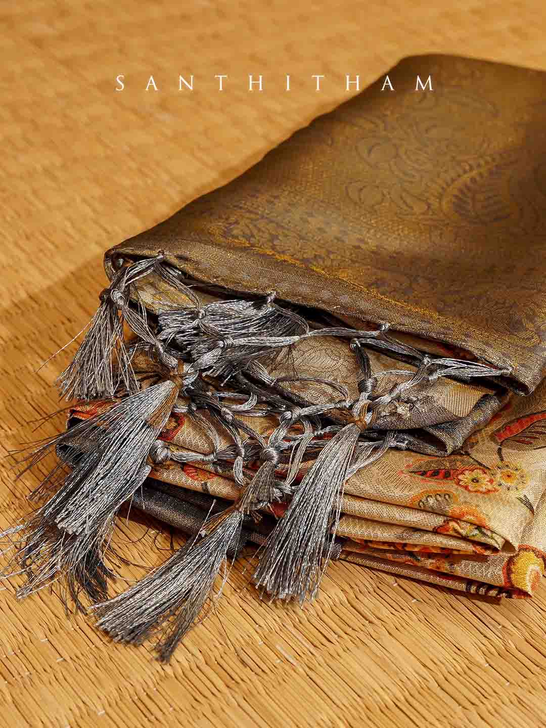 Beige and Gray Floral Print Semi Silk Saree