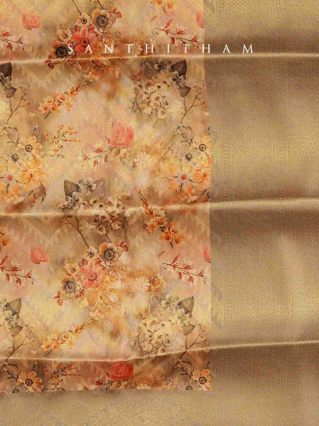 Beige and Gray Floral Print Semi Silk Saree