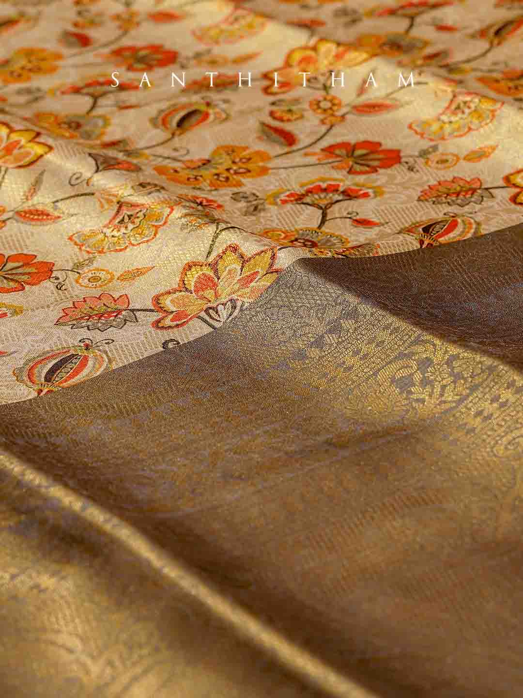 Beige and Gray Floral Print Semi Silk Saree