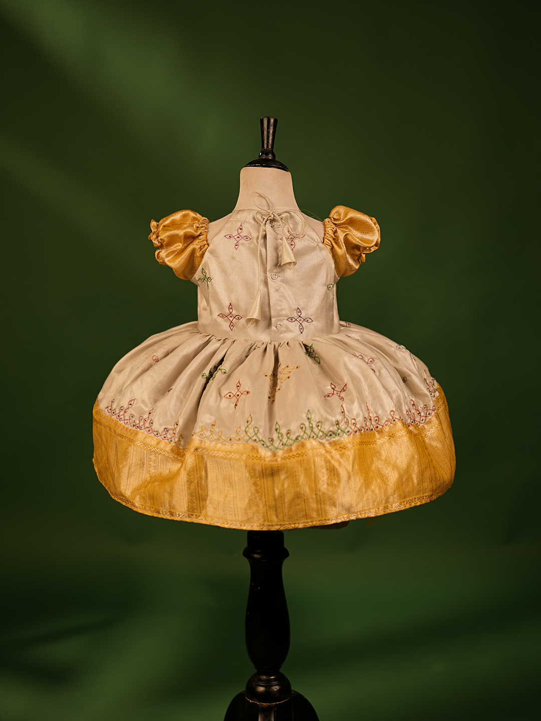 Silver Tissue Gown with Color Kolam Embroidery & Yellow Border – Handcrafted Elegance