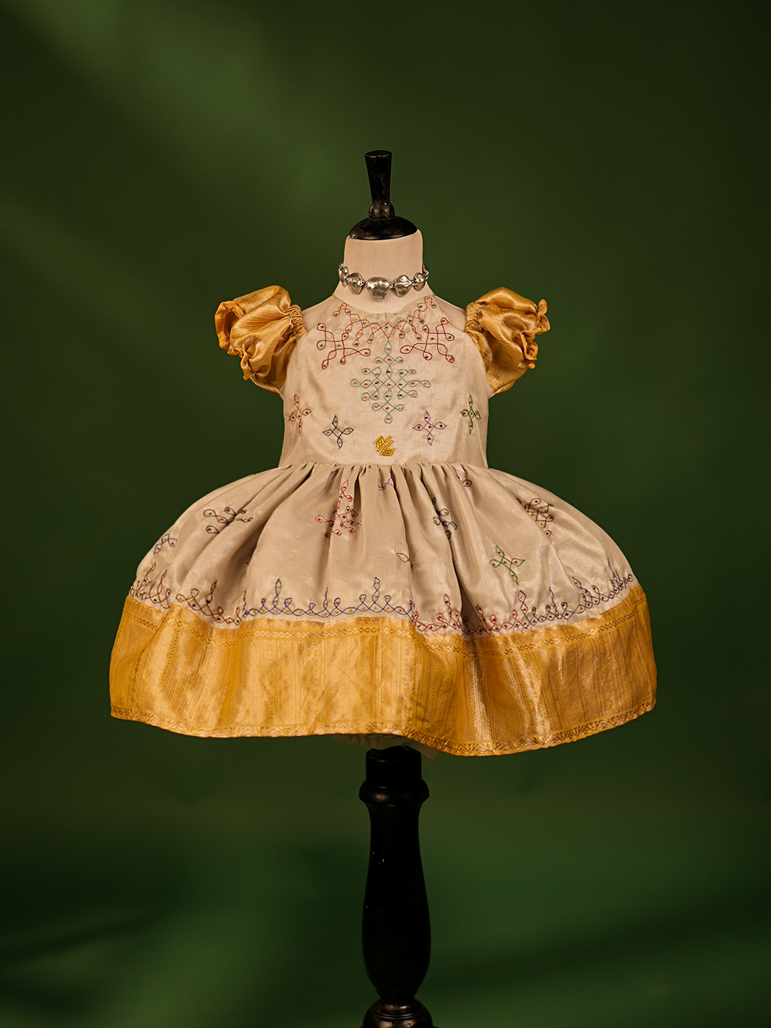 Silver Tissue Gown with Color Kolam Embroidery & Yellow Border – Handcrafted Elegance