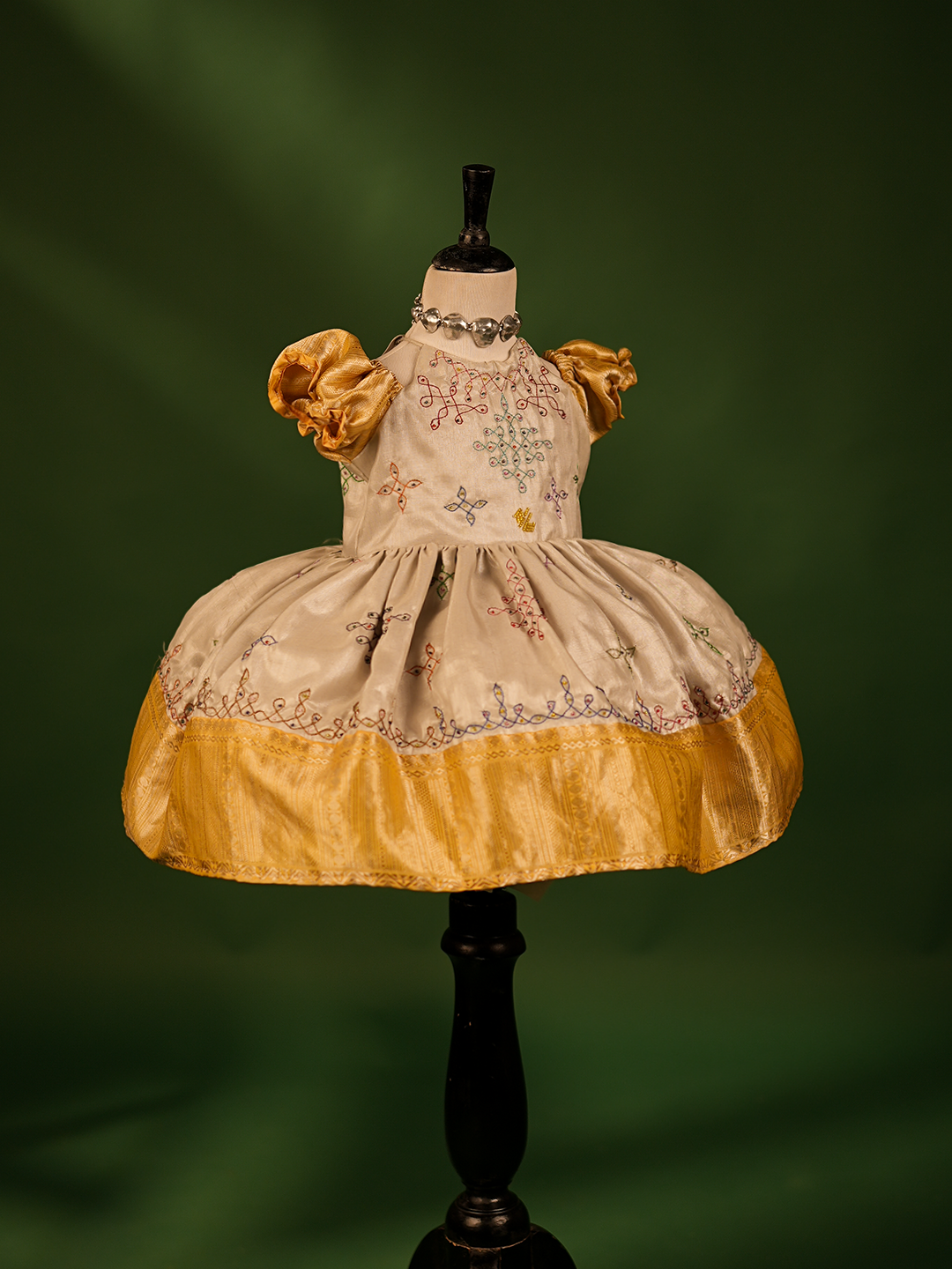 Silver Tissue Gown with Color Kolam Embroidery & Yellow Border – Handcrafted Elegance
