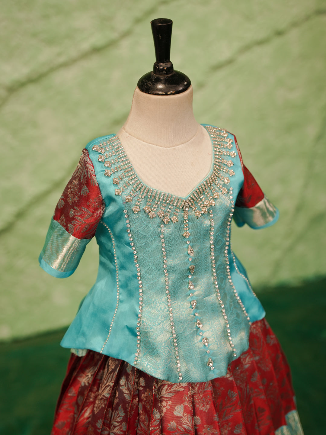 Sky blue and maroon pattu pavadai in pure Kanchipuram silk with zari skirt and beadwork blouse — blouse