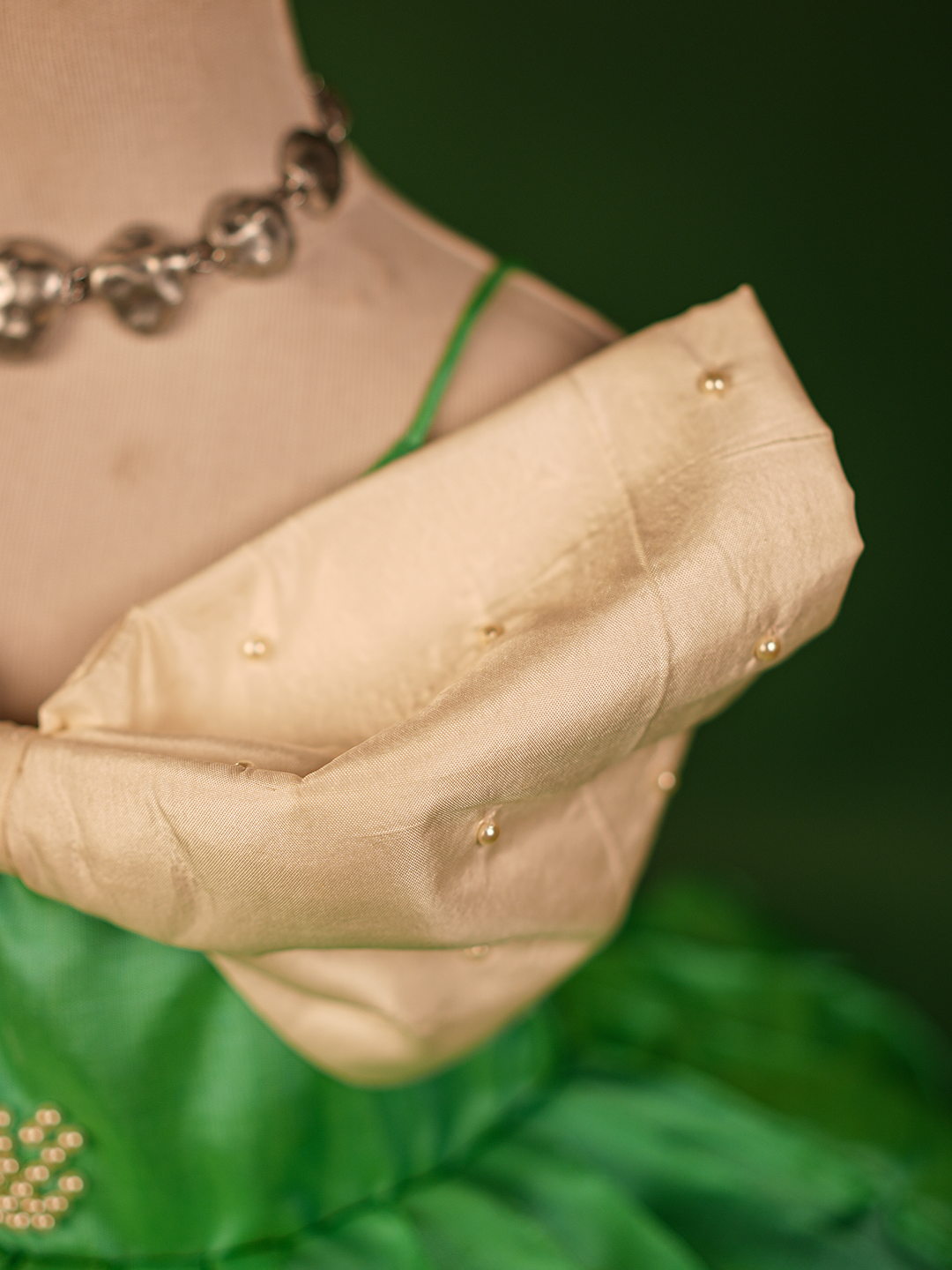 Turquoise Green & Buttermilk White Pure Kanchipuram Silk Gown – Sleeveless with Embroidered Bow