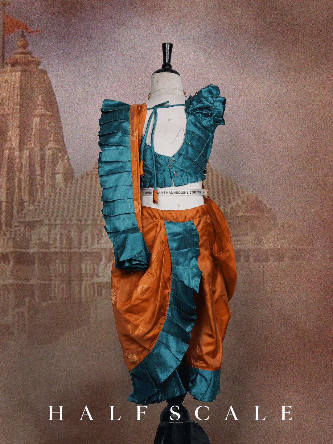 Orange Nauvari Saree with Blue Frills