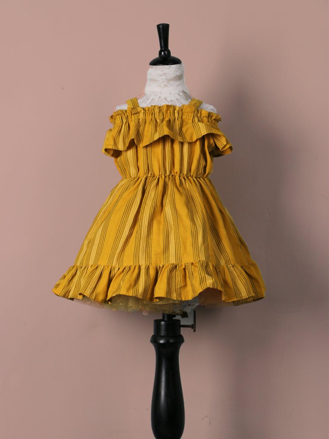 Handloom Woven Mustard yellow Girl’s Fit & Flare Dress WeaversKnot
