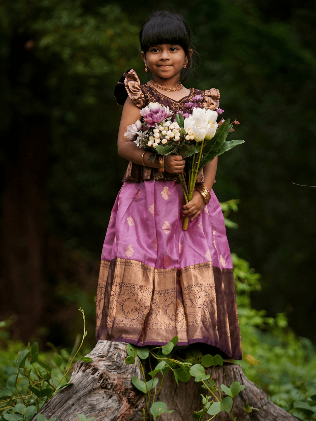 Hickory Brown and Lilac Kanjivaram Silk Pavadai Set with half-fine Zari pleated blouse Kanjivaram Pattu Pavadai Set Half Scale