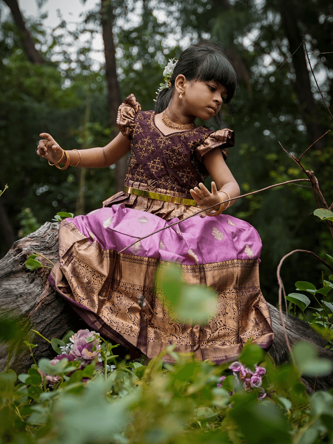 Hickory Brown and Lilac Kanjivaram Silk Pavadai Set with half-fine Zari pleated blouse Kanjivaram Pattu Pavadai Set Half Scale