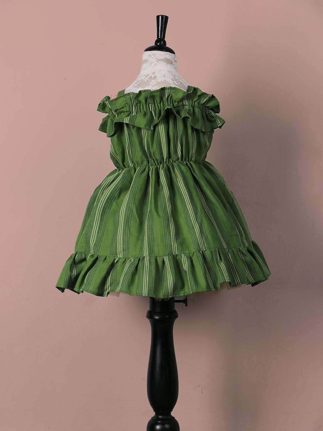 Handloom Woven Crocodile green Girl’s Fit & Flare Dress WeaversKnot