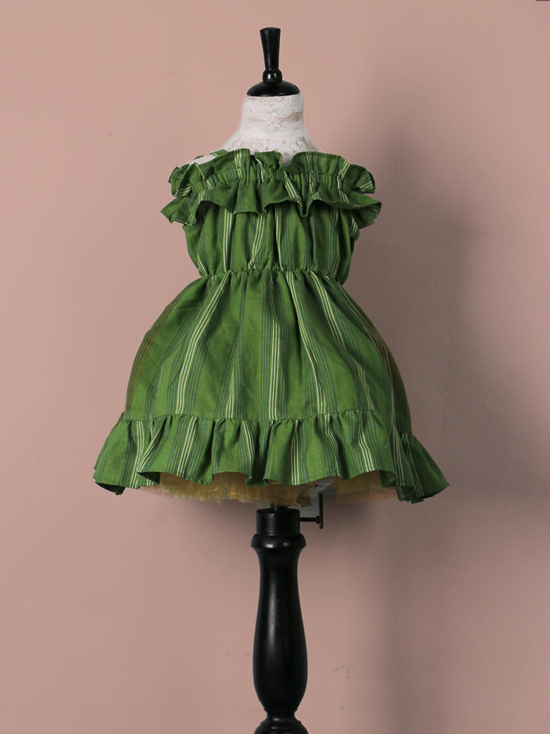 Handloom Woven Crocodile green Girl’s Fit & Flare Dress WeaversKnot