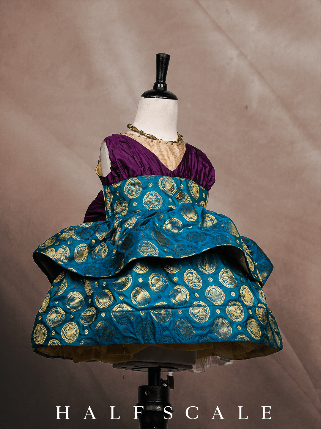 Eggplant and Peacock Jacquard Two-Tiered Kanjivaram Silk Gown Silk Gown Half Scale