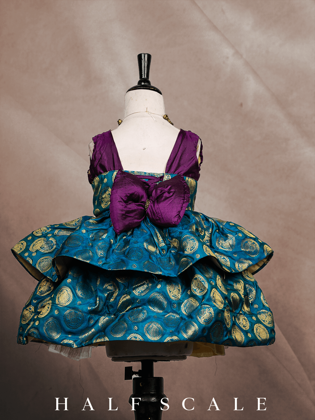 Eggplant and Peacock Jacquard Two-Tiered Kanjivaram Silk Gown Silk Gown Half Scale