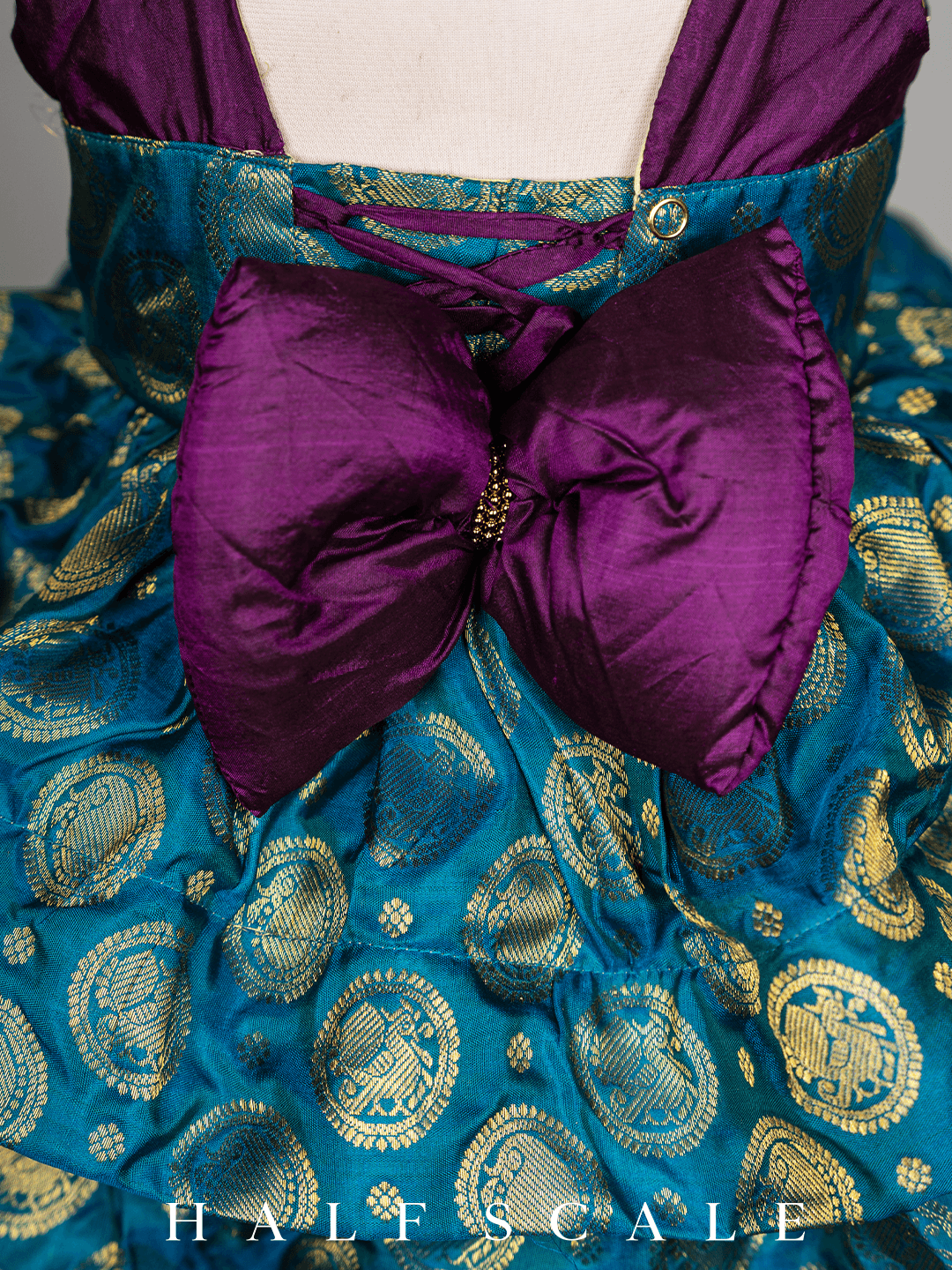 Eggplant and Peacock Jacquard Two-Tiered Kanjivaram Silk Gown Silk Gown Half Scale