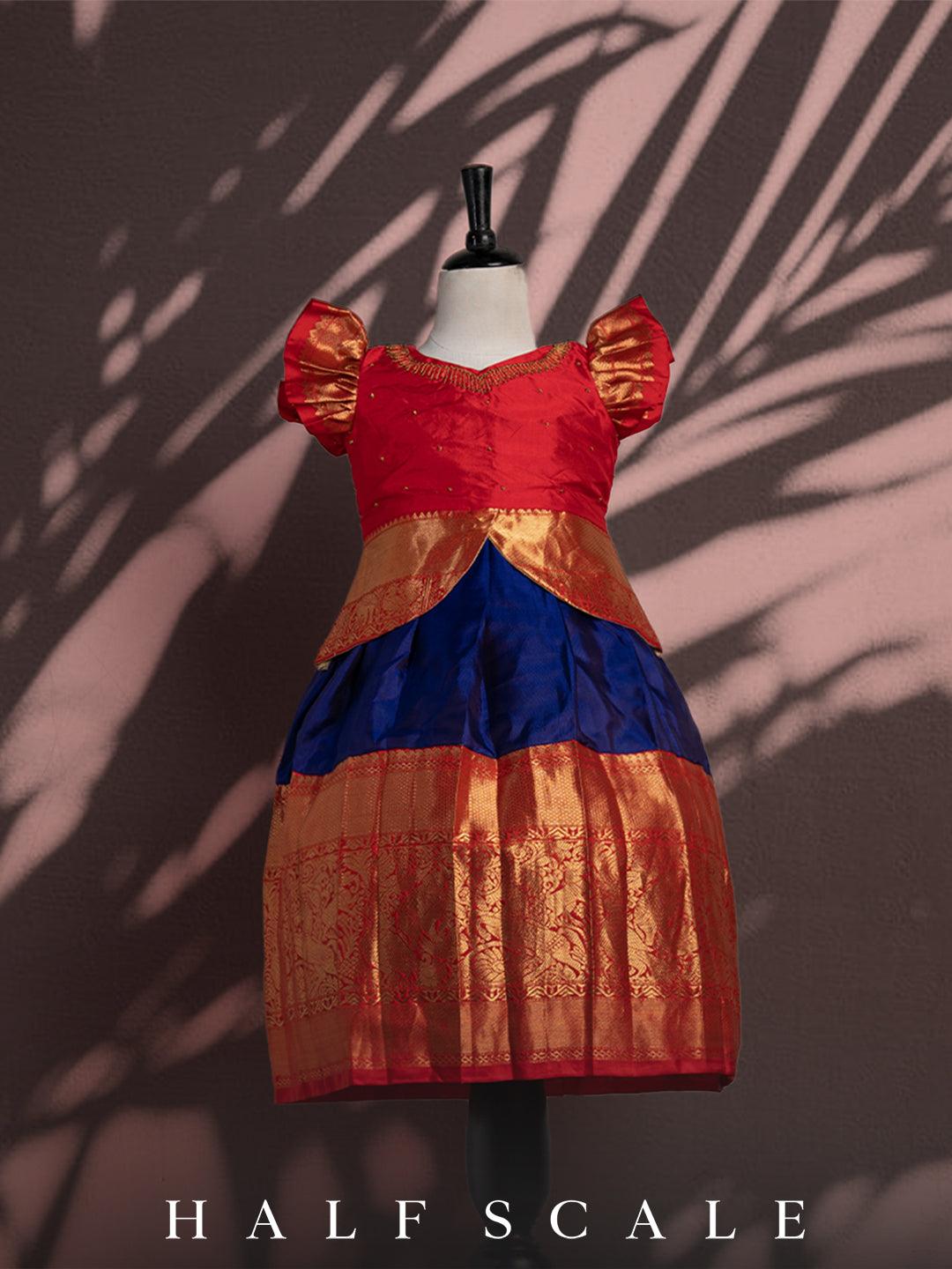 Chilli red and navy blue pattu pavadai set Silk Gown Half scale
