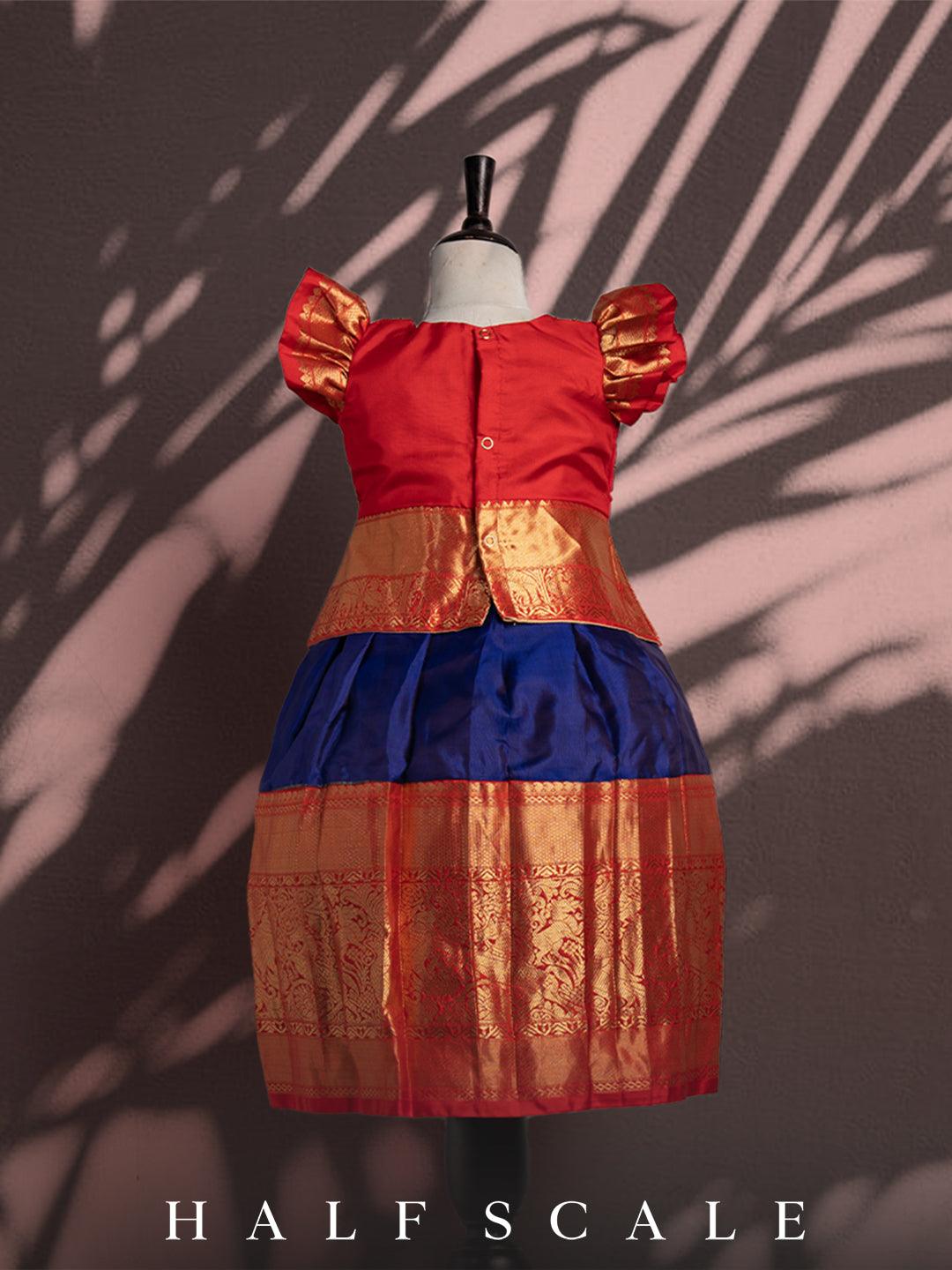 Chilli red and navy blue pattu pavadai set Silk Gown Half scale