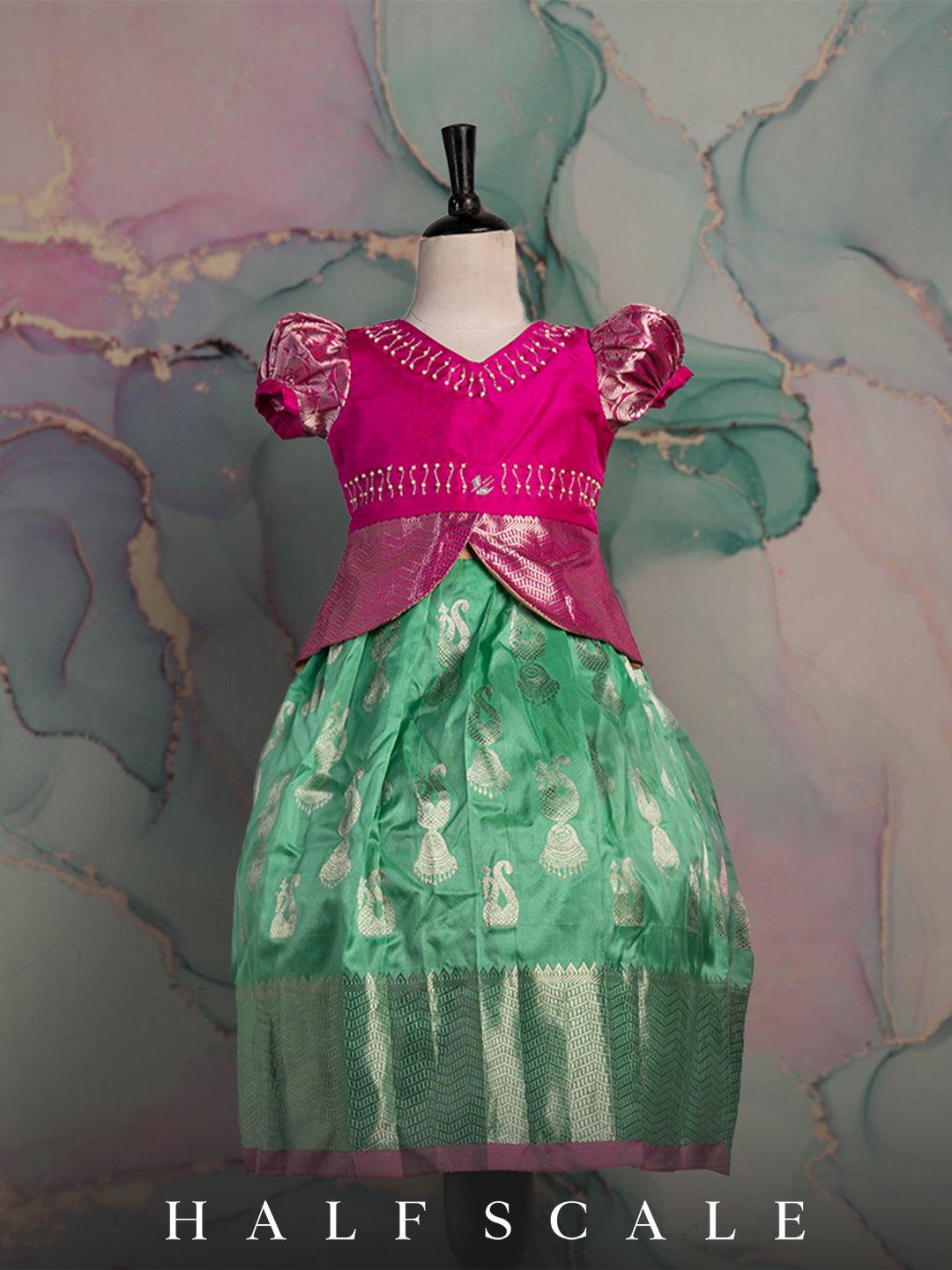 Magenta and sea foam pattu pavadai set Silk Gown Half scale