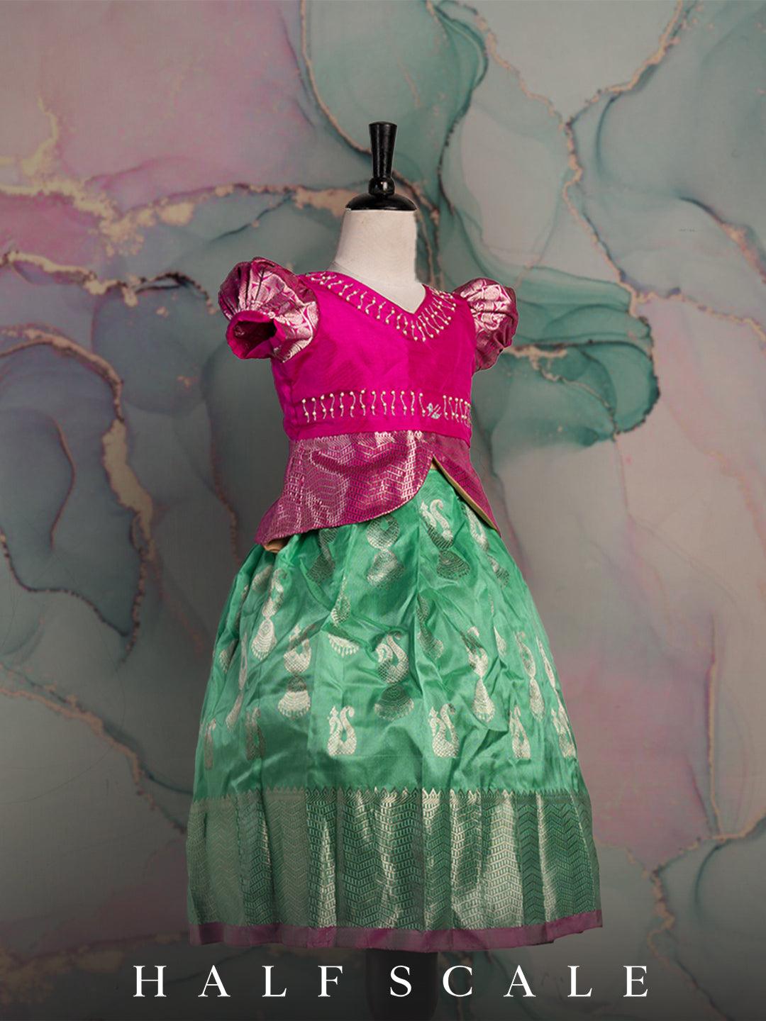 Magenta and sea foam pattu pavadai set Silk Gown Half scale