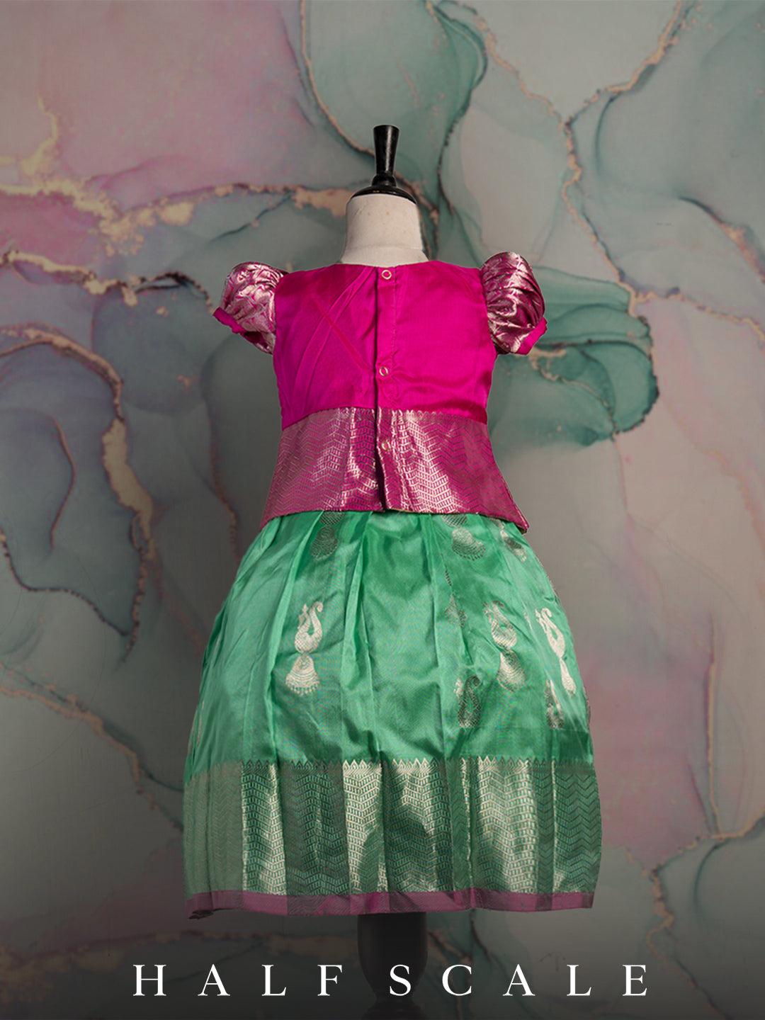 Magenta and sea foam pattu pavadai set Silk Gown Half scale