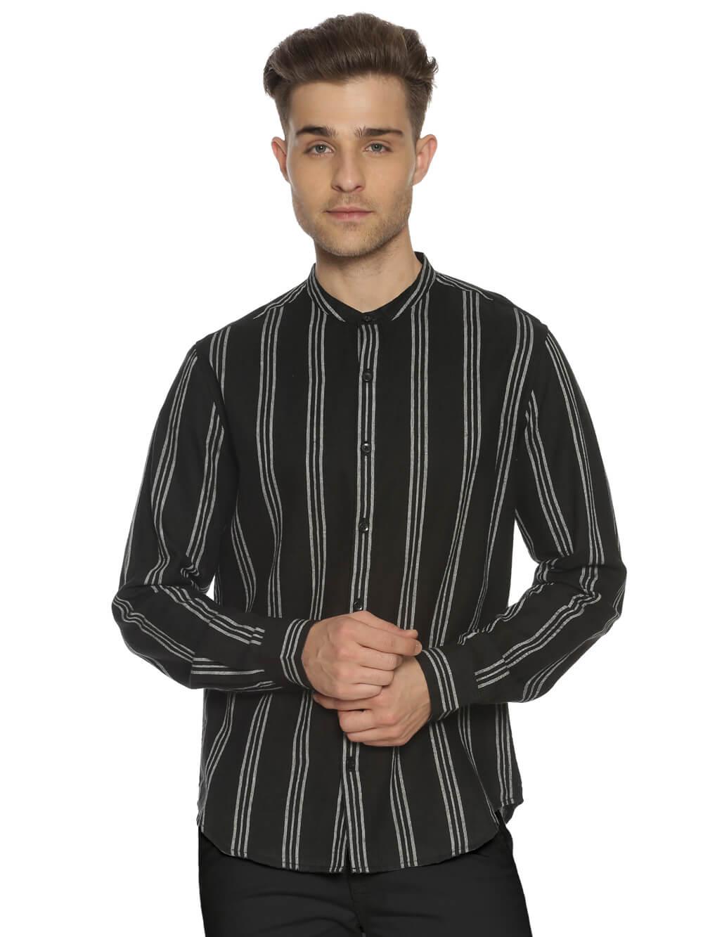 Handloom Woven Black Stripes Men Slim Fit Shirt WeaversKnot