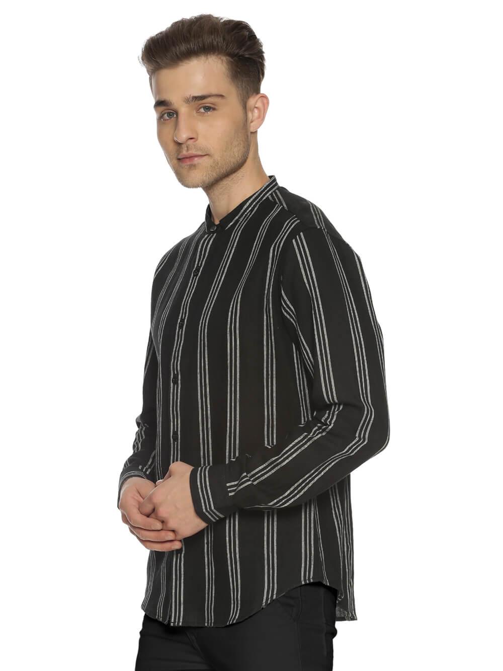 Handloom Woven Black Stripes Men Slim Fit Shirt WeaversKnot