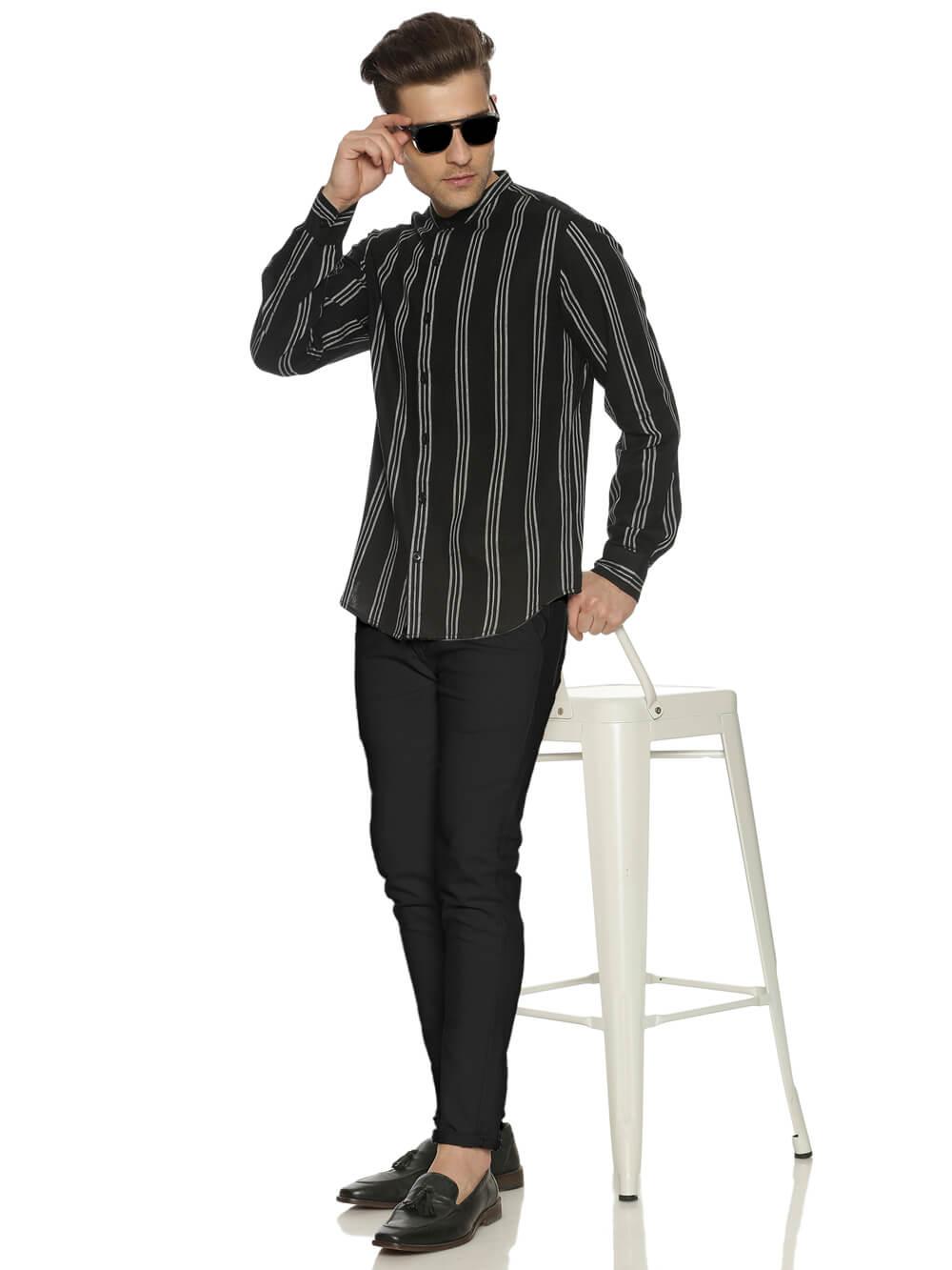 Handloom Woven Black Stripes Men Slim Fit Shirt WeaversKnot