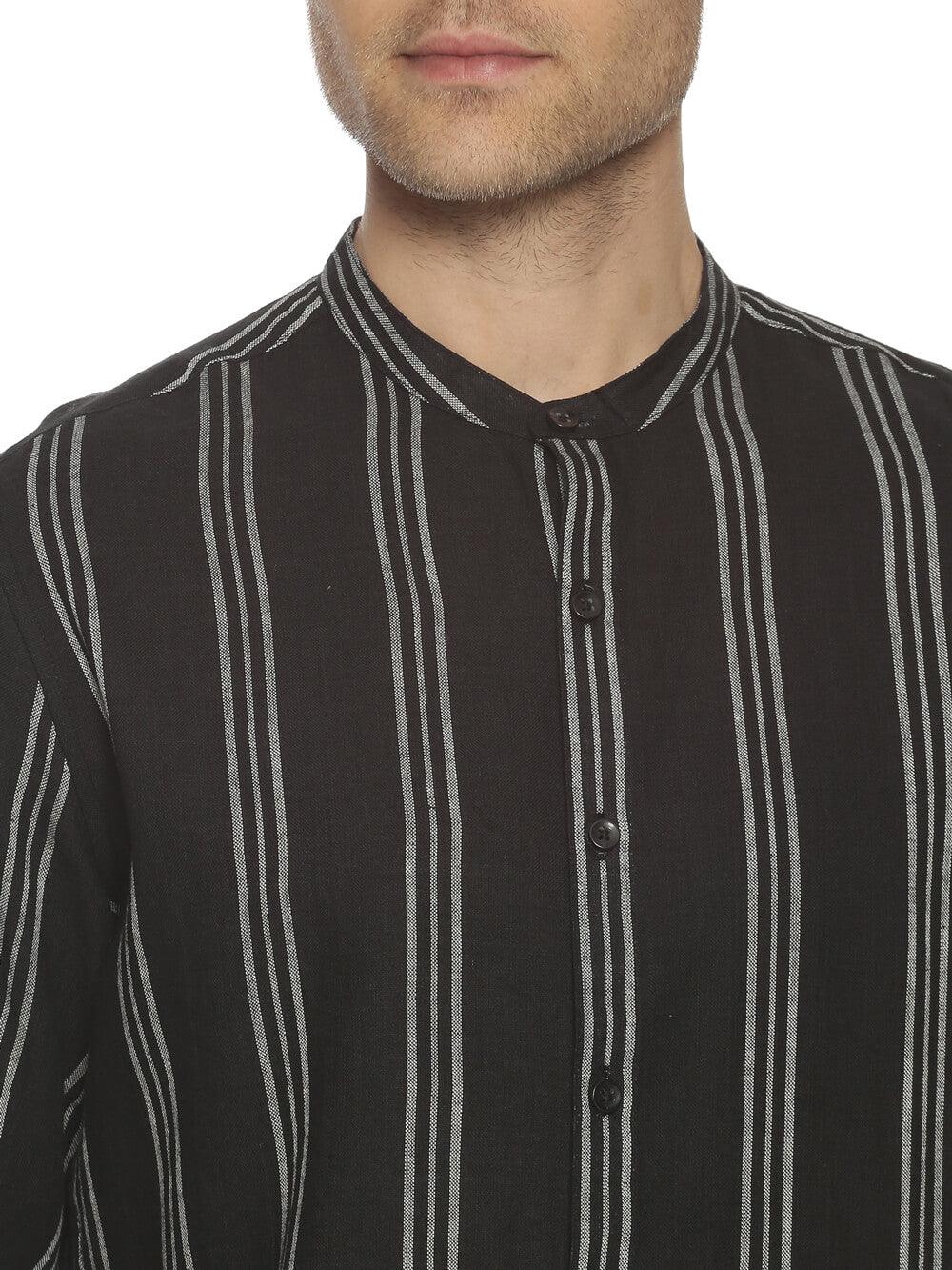 Handloom Woven Black Stripes Men Slim Fit Shirt WeaversKnot