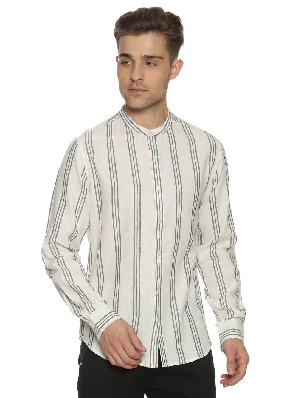 Handloom Woven White Stripes Men Slim Fit Shirt WeaversKnot