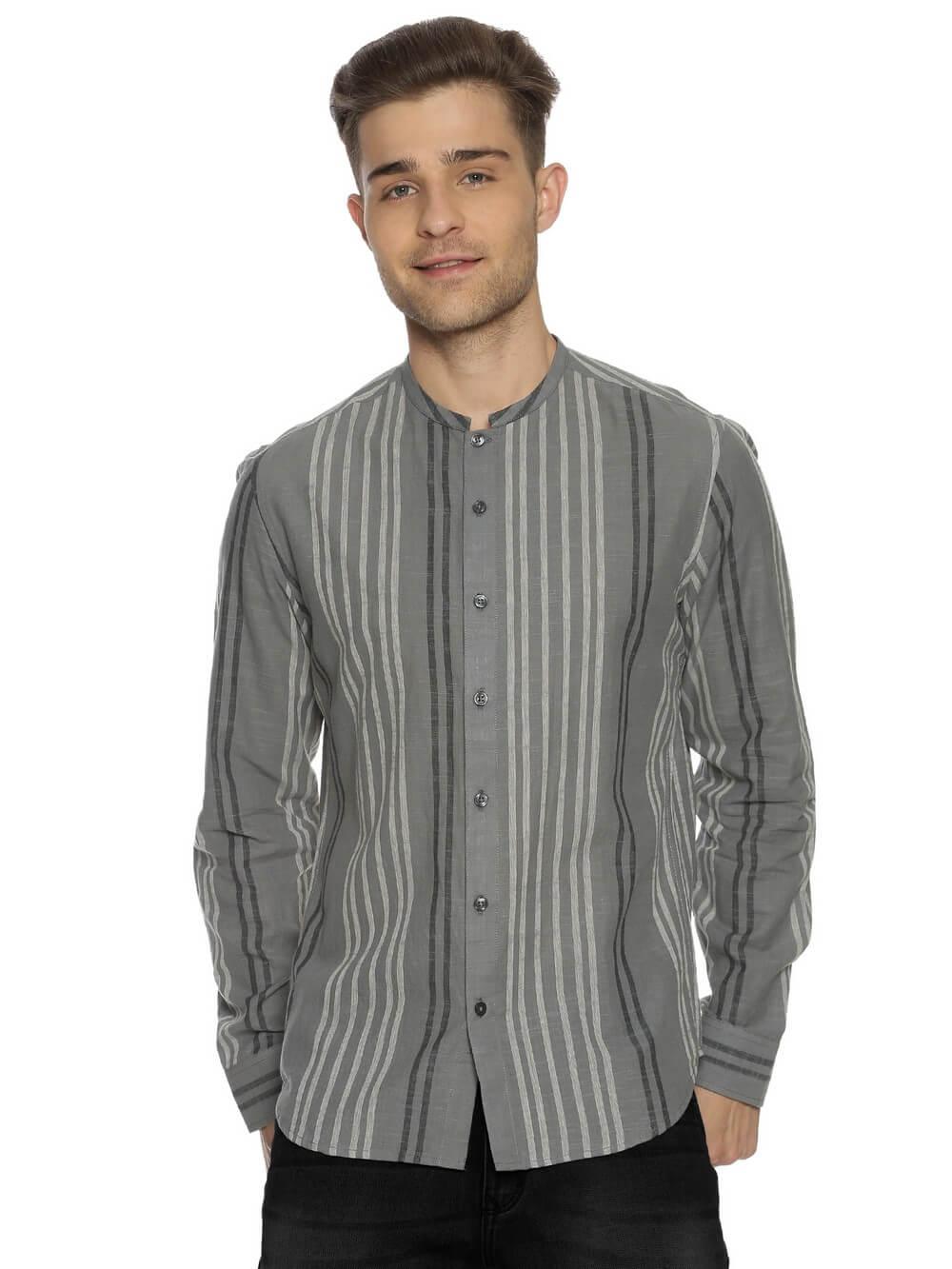 Handloom Woven Steel Gray Stripes Men Slim Fit Shirt WeaversKnot