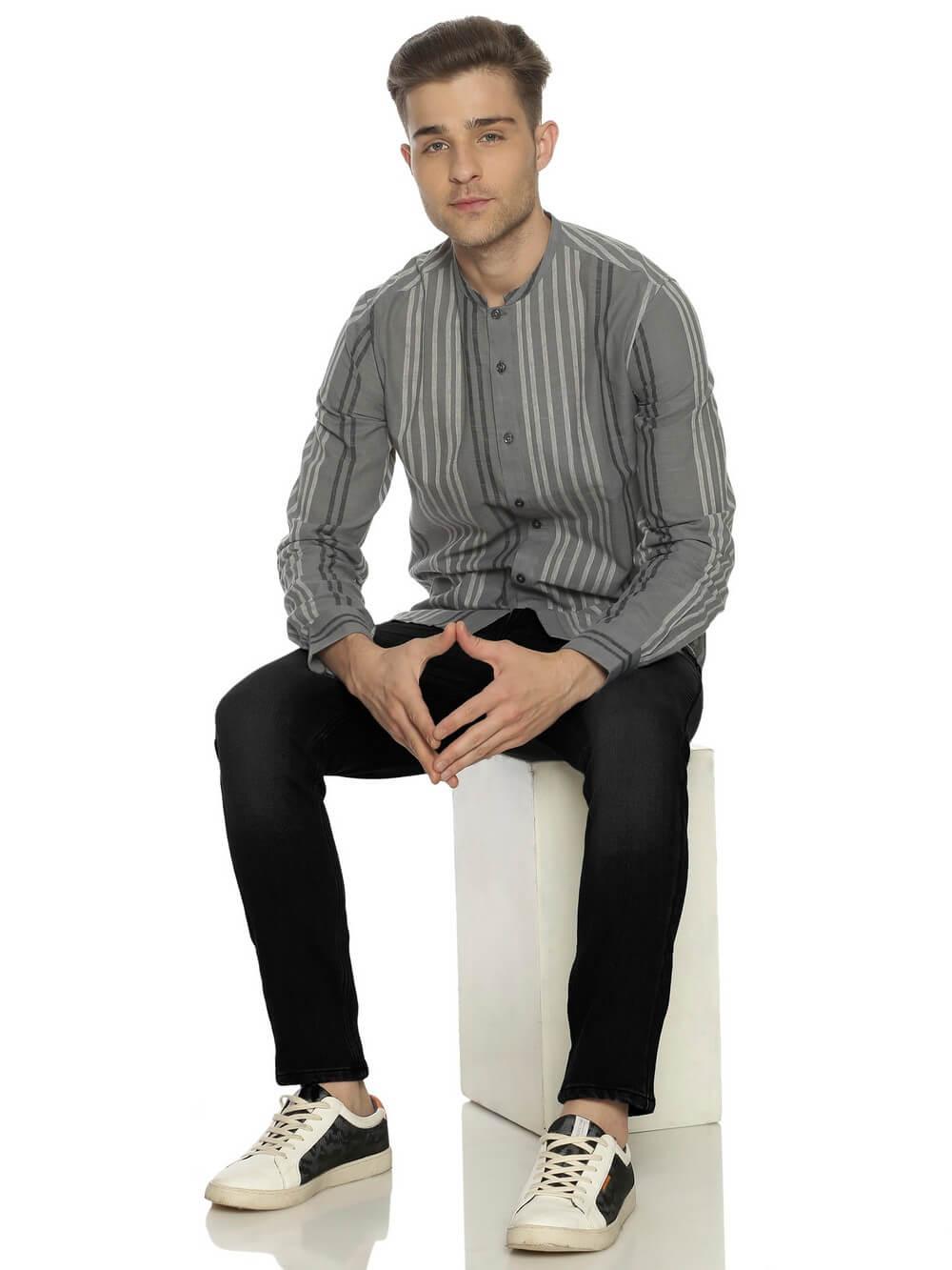 Handloom Woven Steel Gray Stripes Men Slim Fit Shirt WeaversKnot
