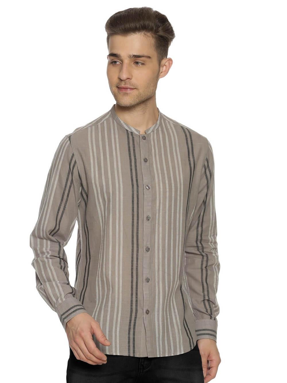 Handloom Woven Stone Gray Stripes Men Slim Fit Shirt WeaversKnot