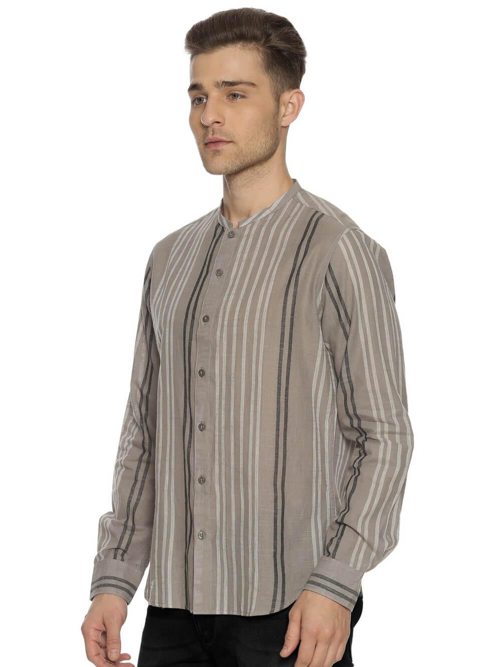 Handloom Woven Stone Gray Stripes Men Slim Fit Shirt WeaversKnot