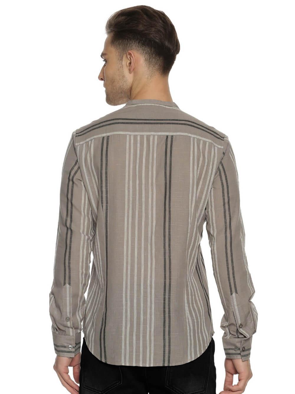 Handloom Woven Stone Gray Stripes Men Slim Fit Shirt WeaversKnot