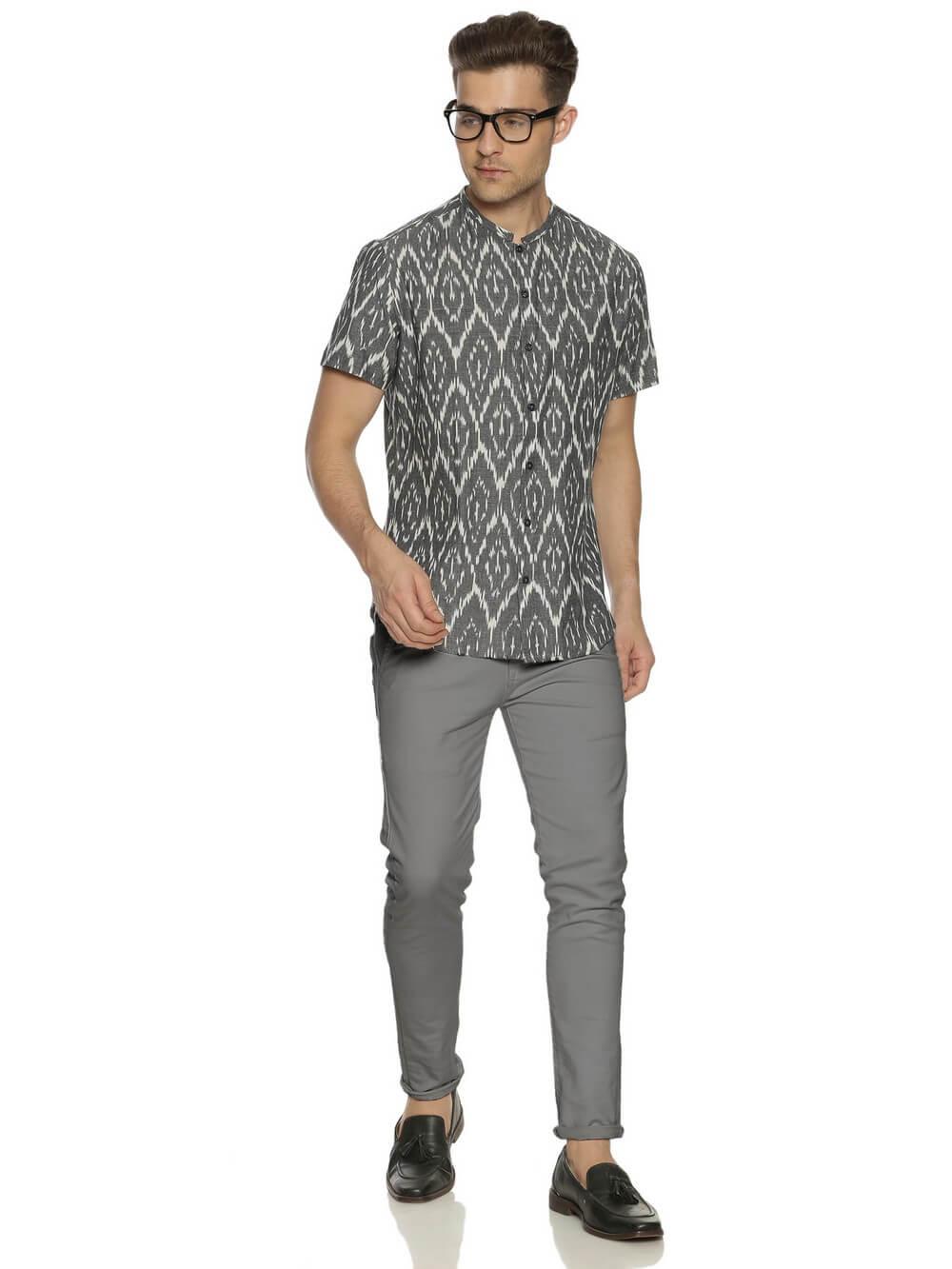 Ikat Woven Gray Men Slim Fit Half Sleeve Shirt WeaversKnot