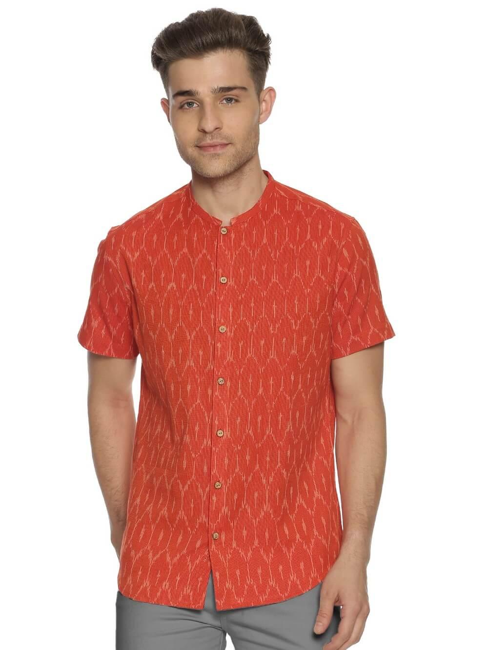 Ikat Woven Tangerine Men Slim Fit Half Sleeve Shirt WeaversKnot