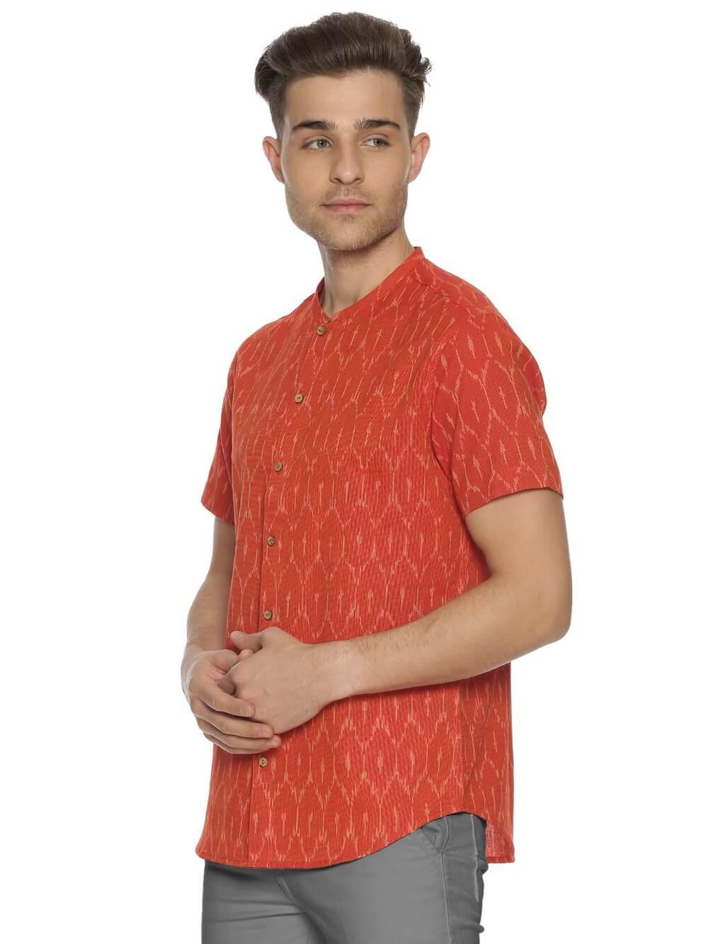 Ikat Woven Tangerine Men Slim Fit Half Sleeve Shirt WeaversKnot
