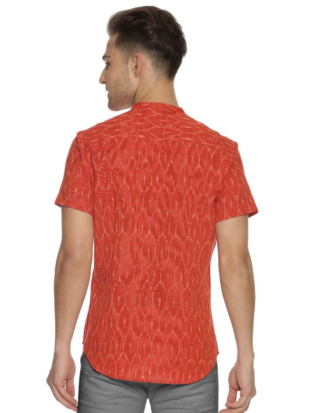 Ikat Woven Tangerine Men Slim Fit Half Sleeve Shirt WeaversKnot