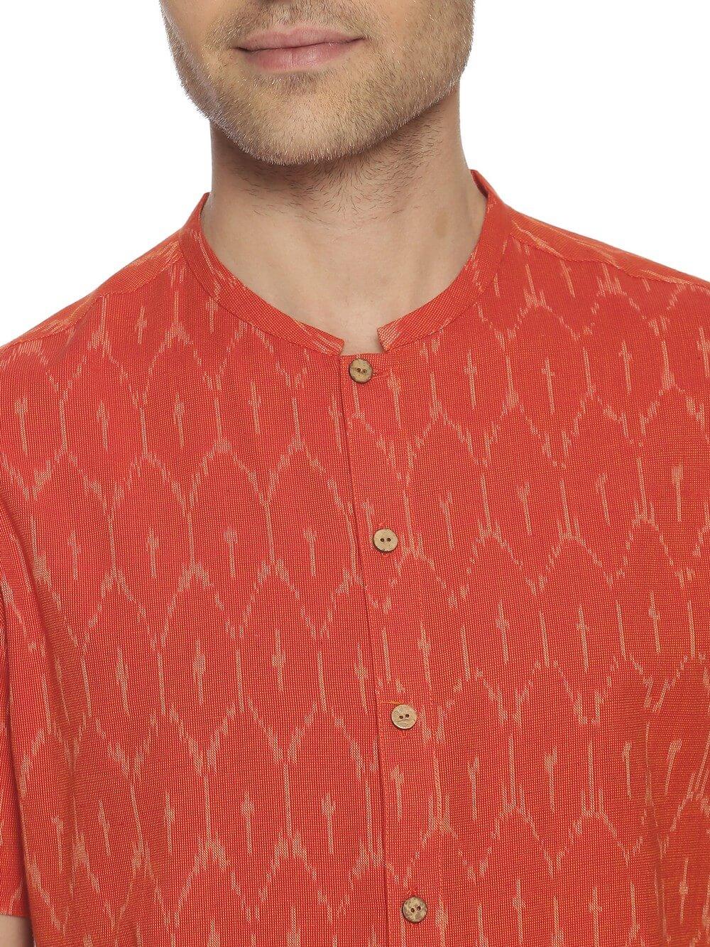 Ikat Woven Tangerine Men Slim Fit Half Sleeve Shirt WeaversKnot